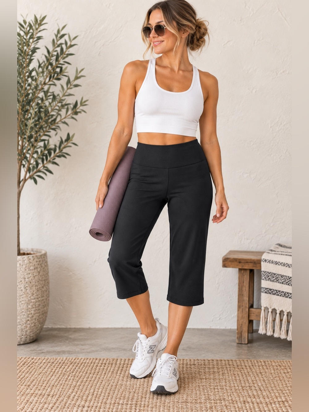 Sansara Black Yoga Wide Leg Crop Capri Leggings Mid Rise Athleisure